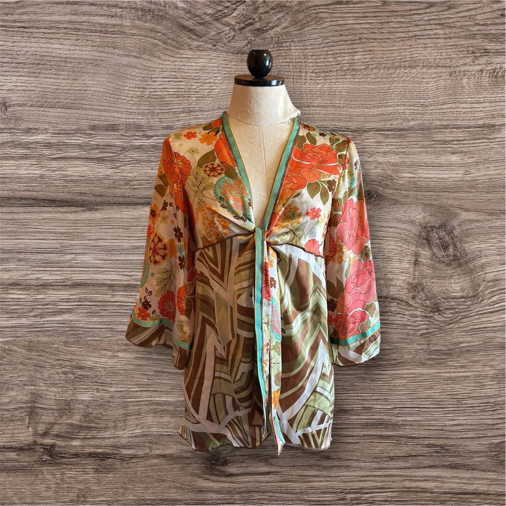 CAbi DEFECTS Colorful 100% Silk Floral Tunic Wrap Top Flutter Sleeve 70's Size S